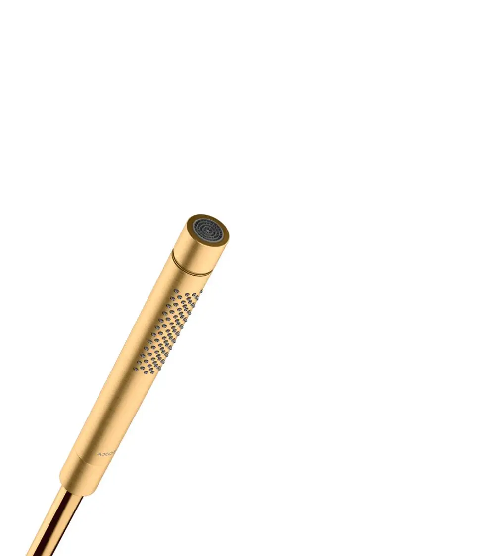 Goldene Stabhandbrause mit perforierter Oberfläche, hergestellt von AXOR. Der Kopf ist rund und hat einen zentralen Auslass. Der Griff ist schlank und elegant.